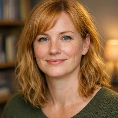 Woman in her early 40s, strawberry blonde wavy hair, freckles, calm expression
